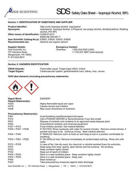 <b>Safety Data Sheet</b> <b>Isopropyl</b> Rubbing <b>Alcohol</b> USP 70% with Wintergreen <b>SDS</b> Revision Date: 03/18/2015 006 - <b>Isopropyl</b> Rubbing <b>Alcohol</b> 70% with Wintergreen Page 4 of 9 5. . Swan isopropyl alcohol 99 sds